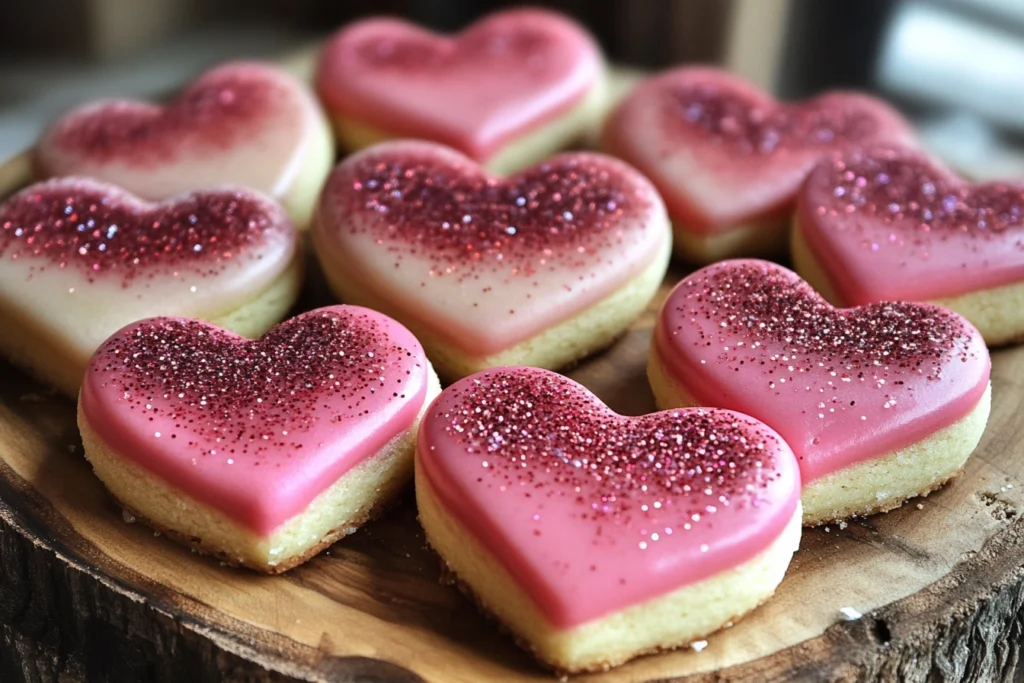 Heart-shaped sugar cookies with pink icing.