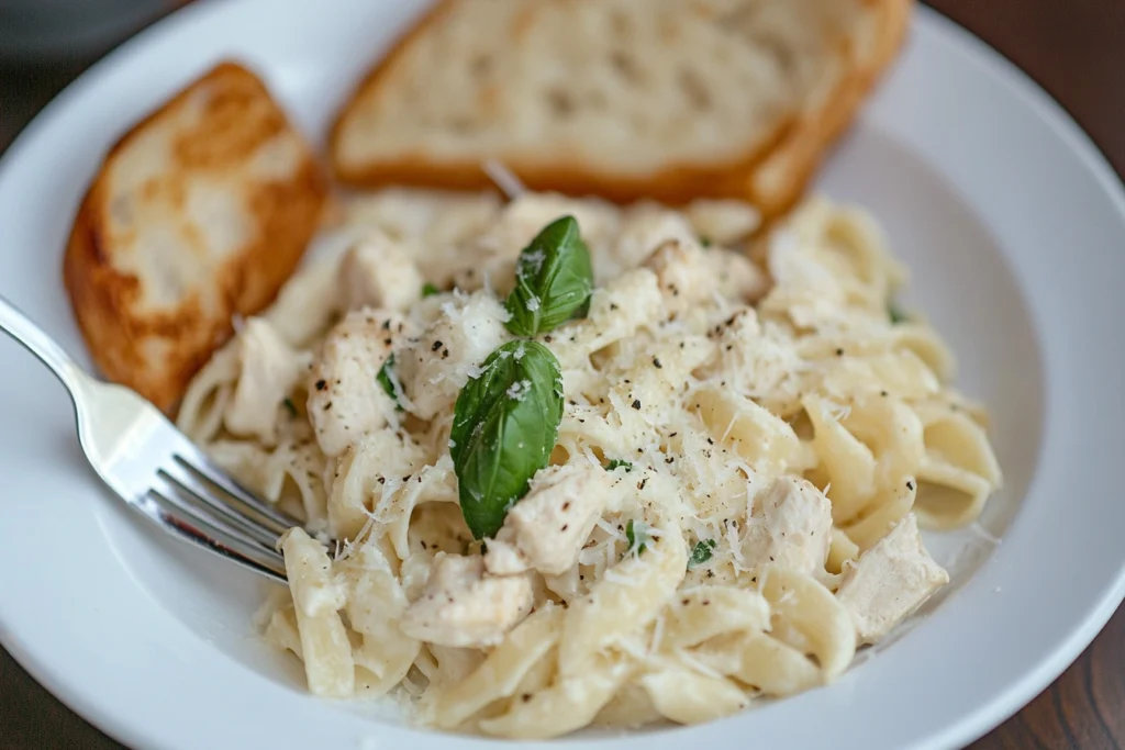 Plated Marry Me Chicken Pasta with Garlic Bread