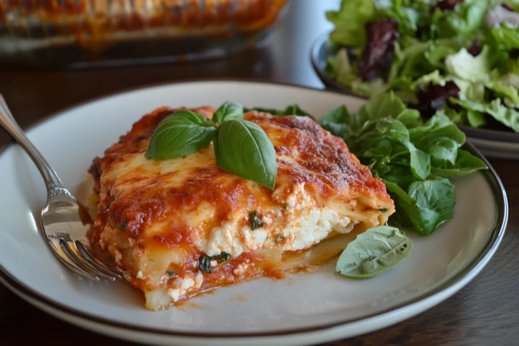 Homemade lasagna with oven ready noodles served with salad