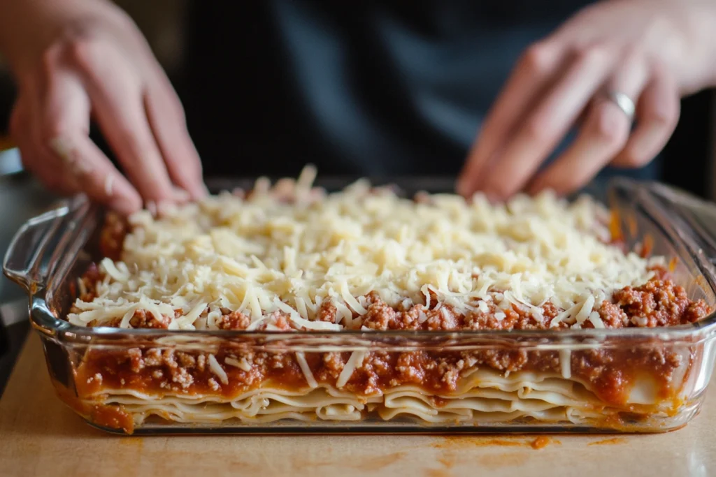 Step-by-step layering of oven ready lasagna noodles