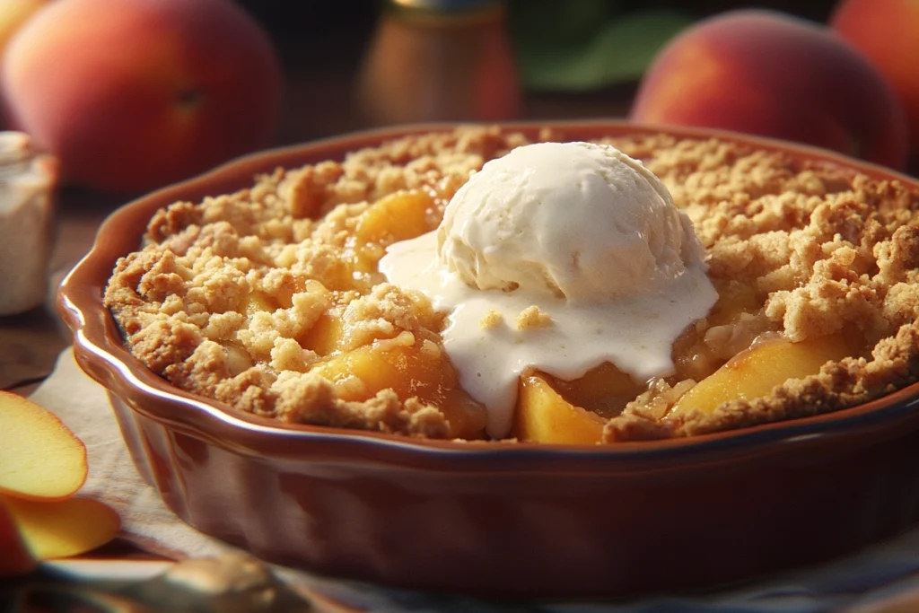 Freshly baked peach crumble with a buttery topping.