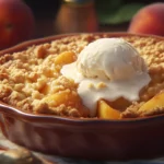 Freshly baked peach crumble with a buttery topping.