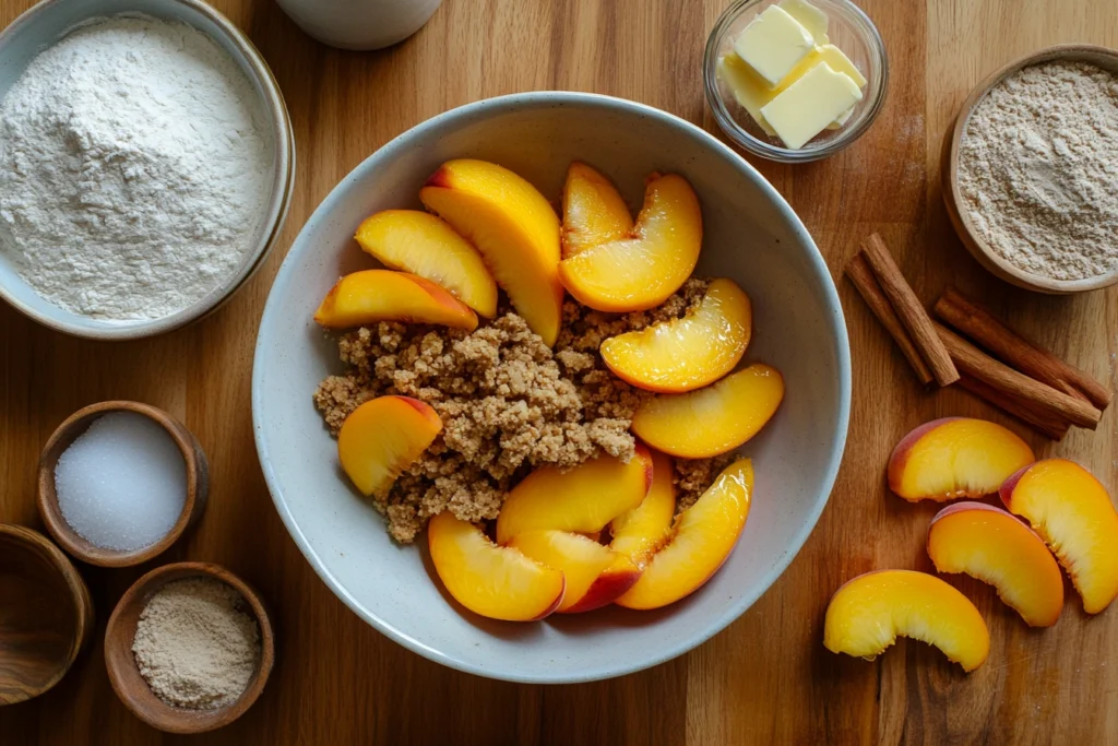 Ingredients for homemade peach crumble recipe.