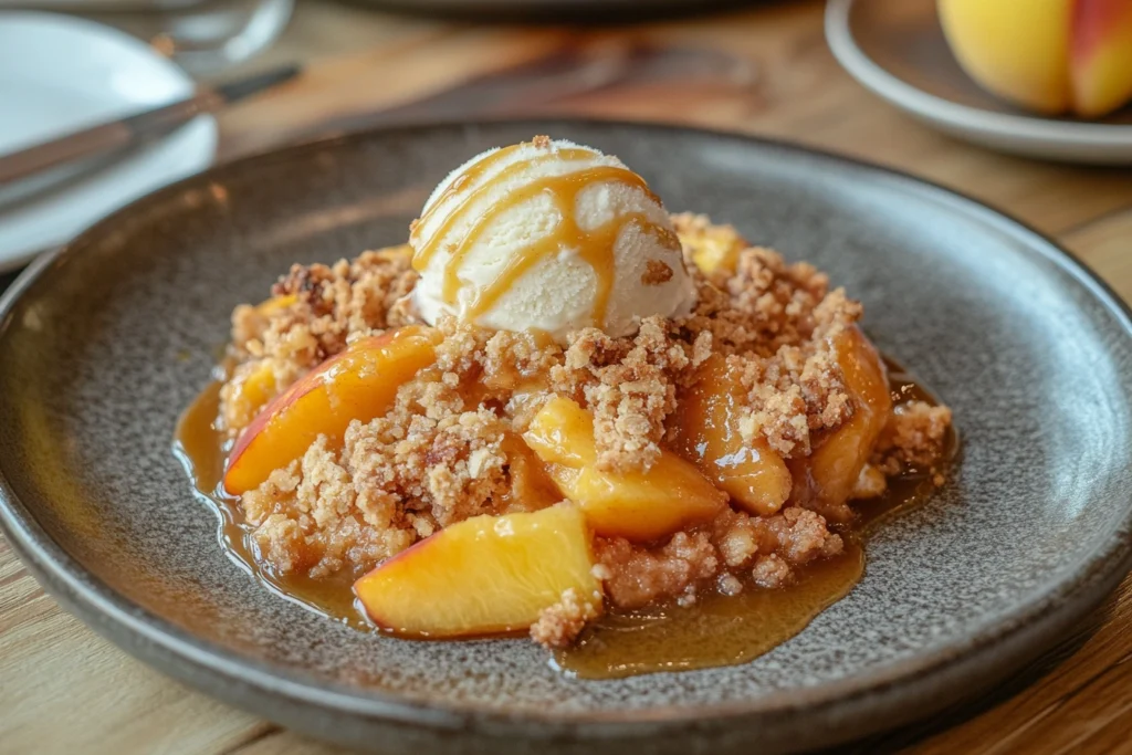 Peach crumble dessert served with ice cream.