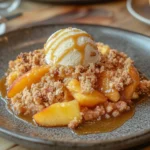 Peach crumble dessert served with ice cream.