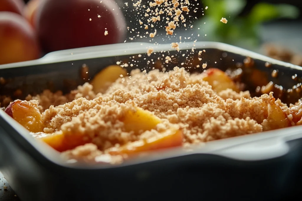 Preparing a peach crumble step by step.