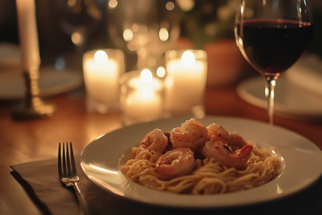 Romantic Valentine's Day dinner with creamy shrimp pasta