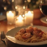 Romantic Valentine's Day dinner with creamy shrimp pasta