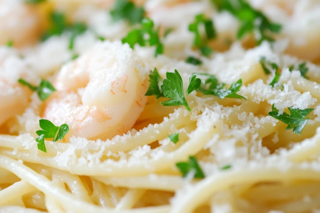 Creamy garlic butter shrimp pasta close-up