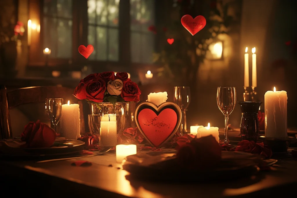 Romantic dinner table with candles and roses