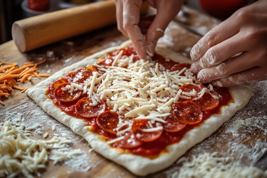 Assembling a homemade pizza puff with sauce, cheese, and pepperoni.