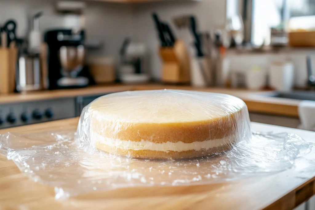 Freshly baked baby shower cake layer being stored.