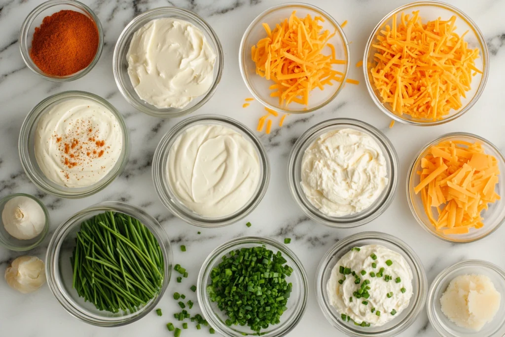 Bagel dip ingredients arranged on a countertop