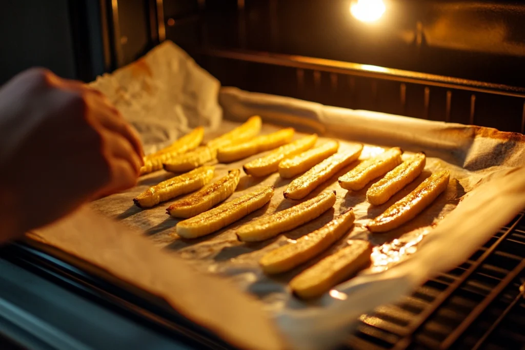 Banana fries baking in an oven for a healthier alternative