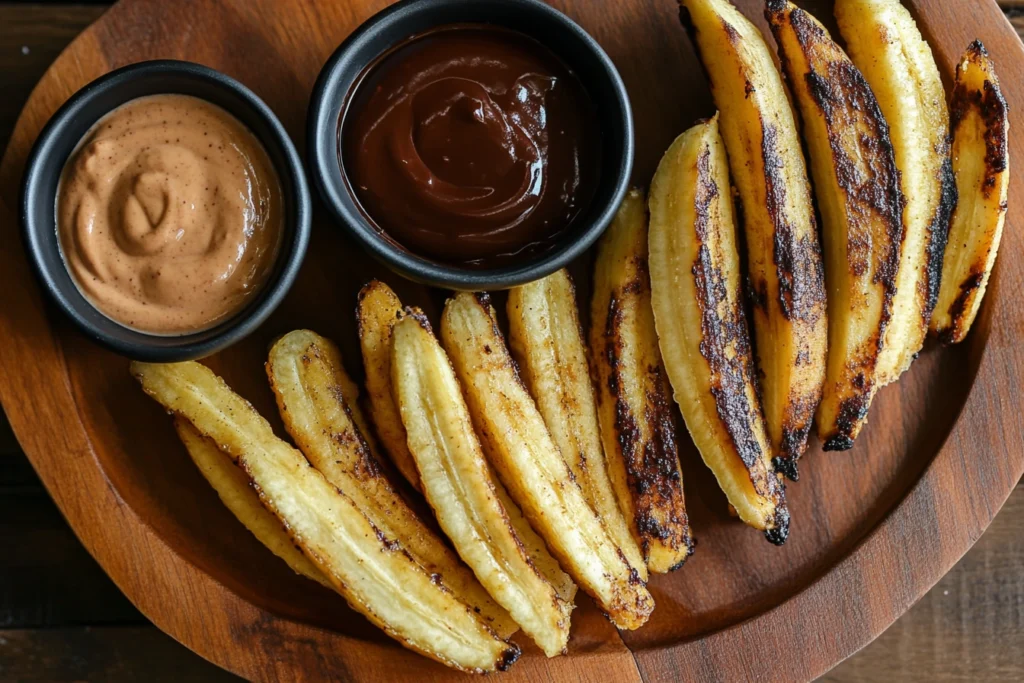 Banana fries with chocolate, garlic aioli, and spicy mayo dips