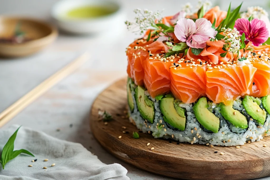 Beautifully plated sushi cake with salmon and avocado