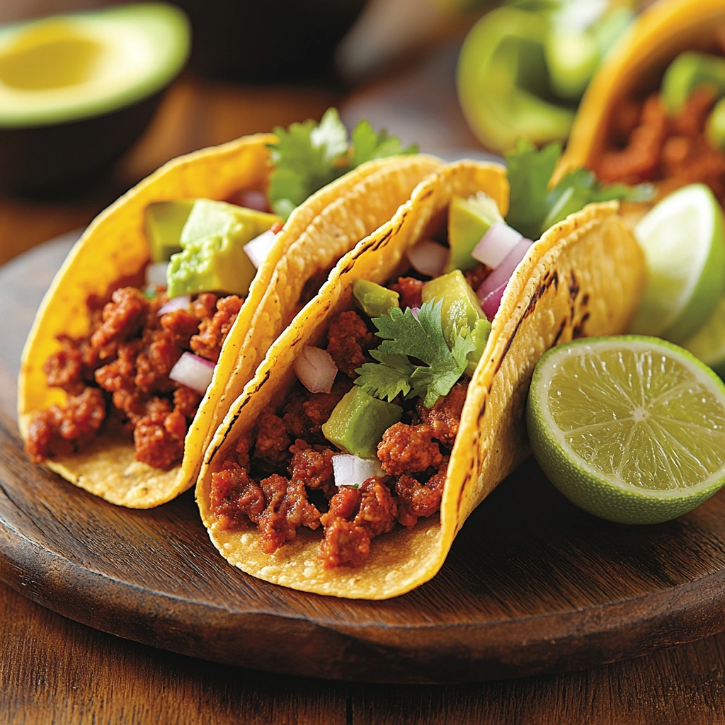 Beef chorizo tacos with fresh toppings