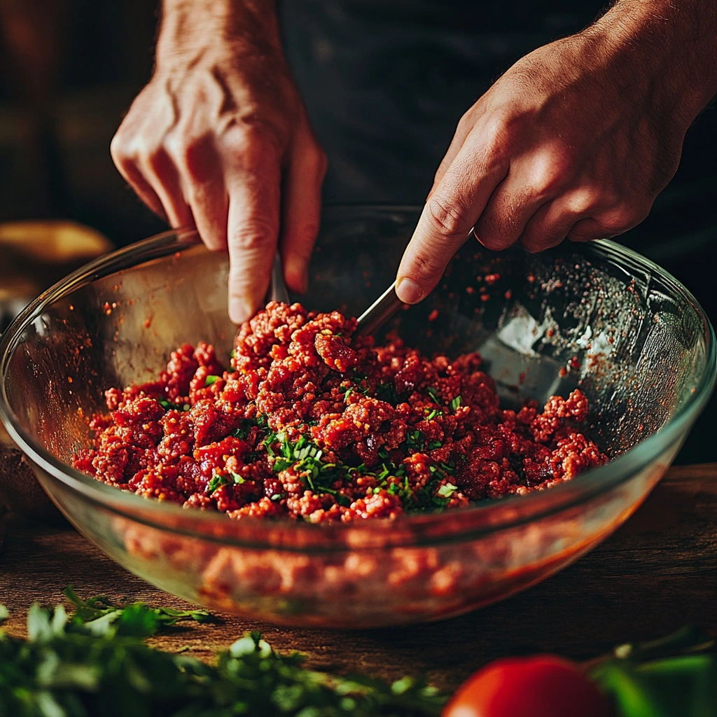 Homemade beef chorizo preparation with spices