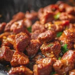 Freshly cooked beef chorizo crumbles in skillet