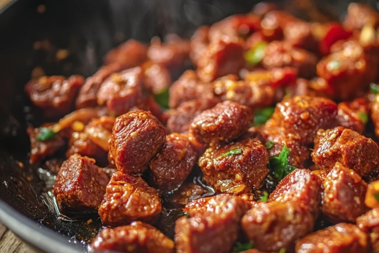 Freshly cooked beef chorizo crumbles in skillet