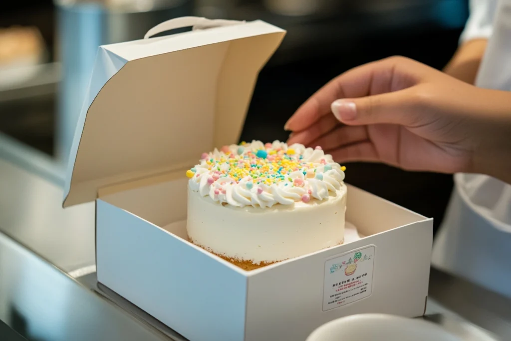 Bento cake being packed in a takeout box with branding.