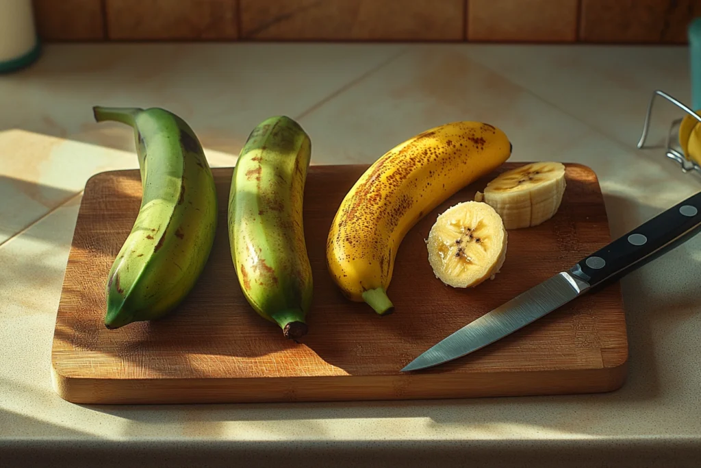 Green, semi-ripe, and ripe plantains for banana fries