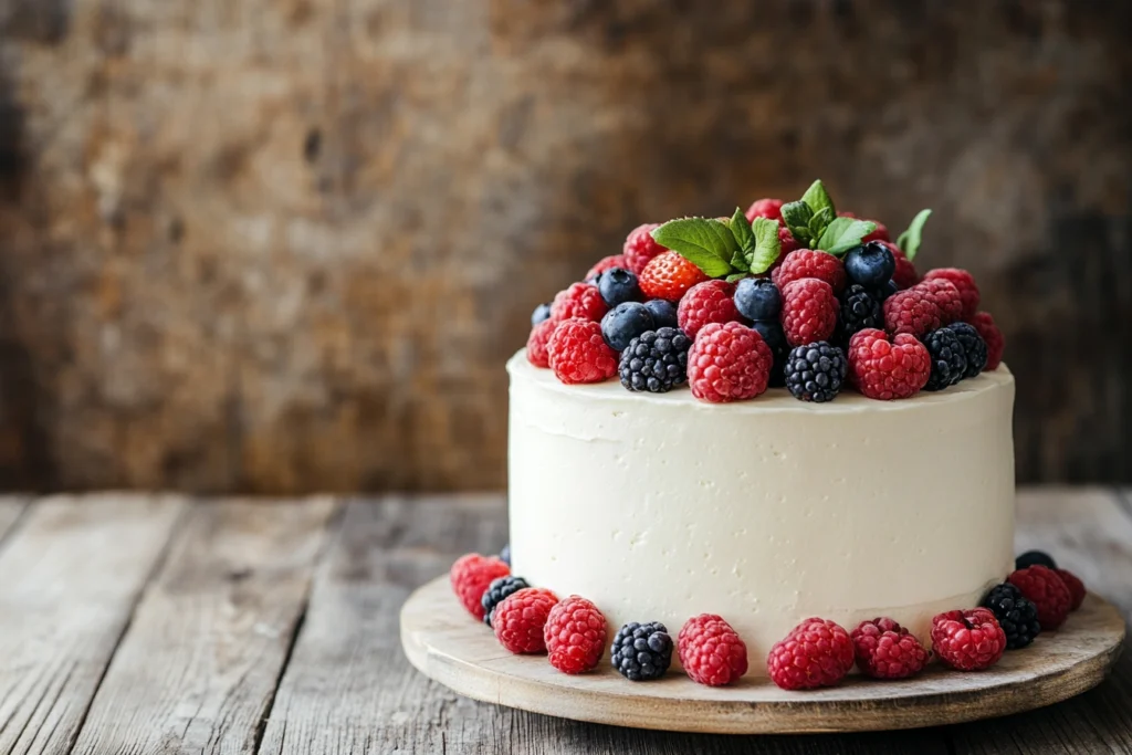  Simple and budget-friendly baby shower cake with fresh berries.