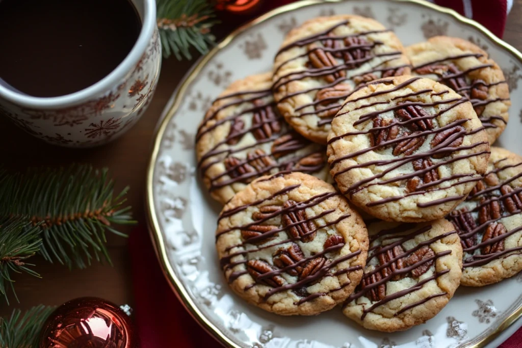 Chocolate-drizzled pecan pie cookies