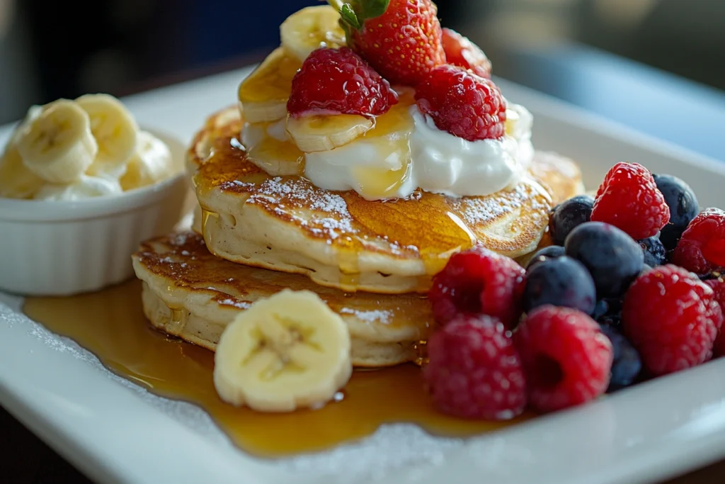 Fluffy coconut banana pancakes cooking on a skillet.