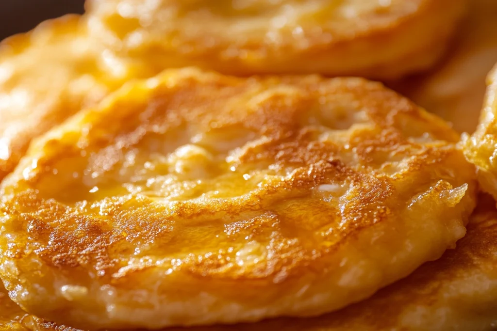 Fluffy coconut banana pancakes cooking on a skillet.