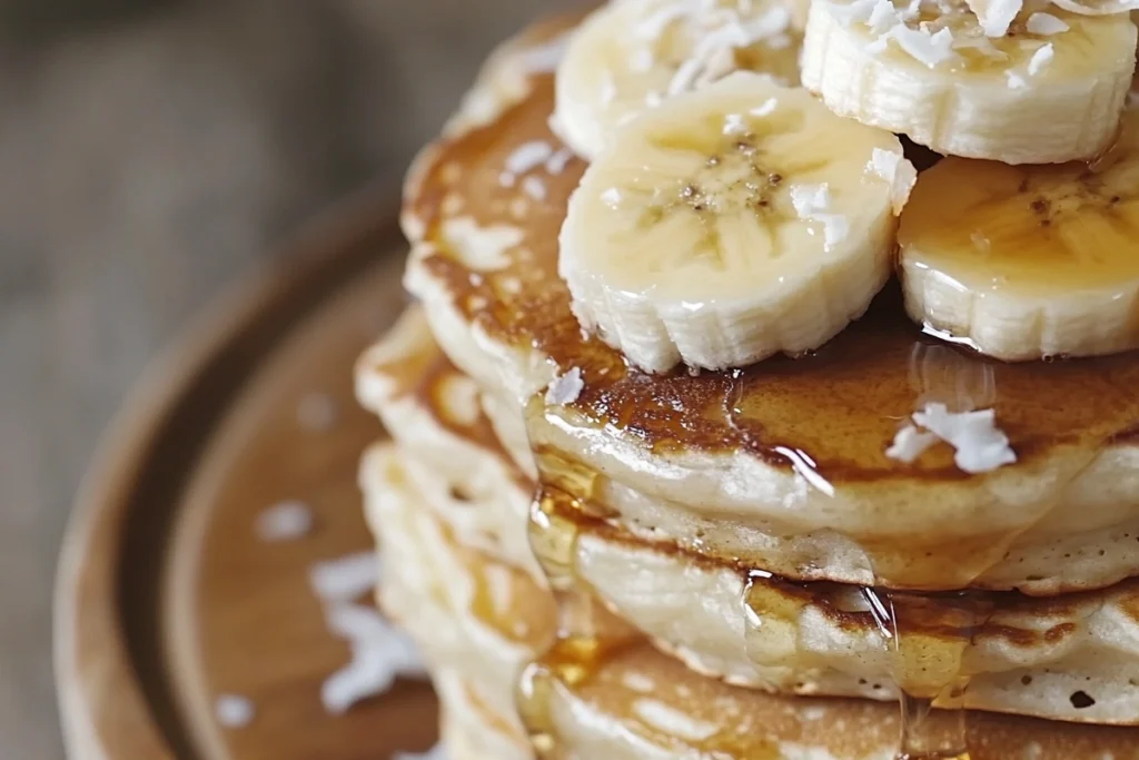 Fluffy coconut banana pancakes with maple syrup and banana slices.