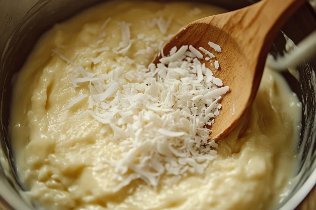 Mixing coconut banana pancake batter in a bowl with ripe bananas and coconut milk.