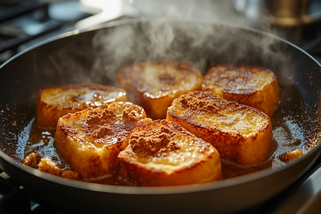 French toast cooking in a buttered skillet with McCormick cinnamon