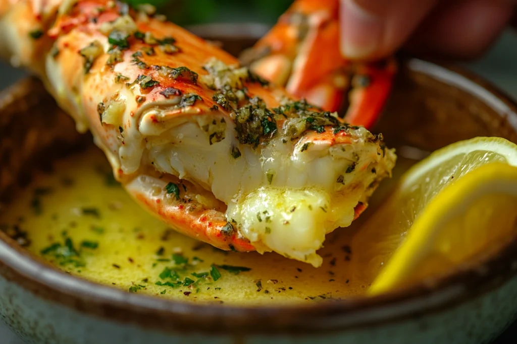 Crab leg dipped in garlic butter sauce