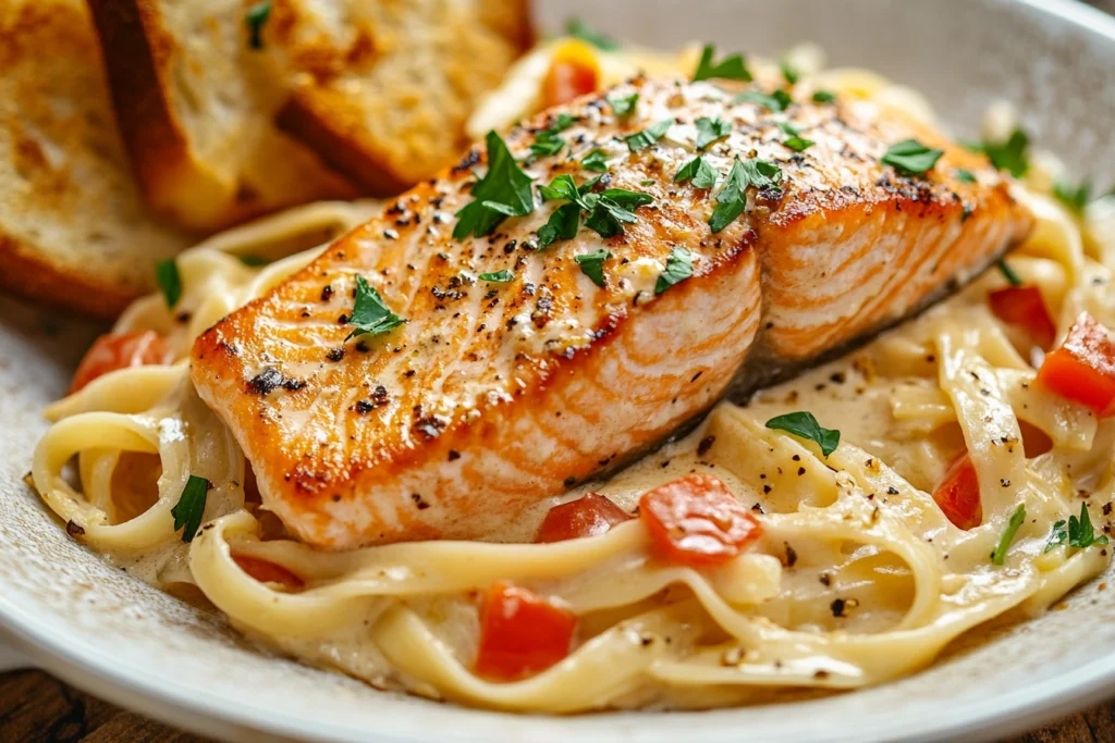 Creamy Tuscan Salmon Served with Pasta