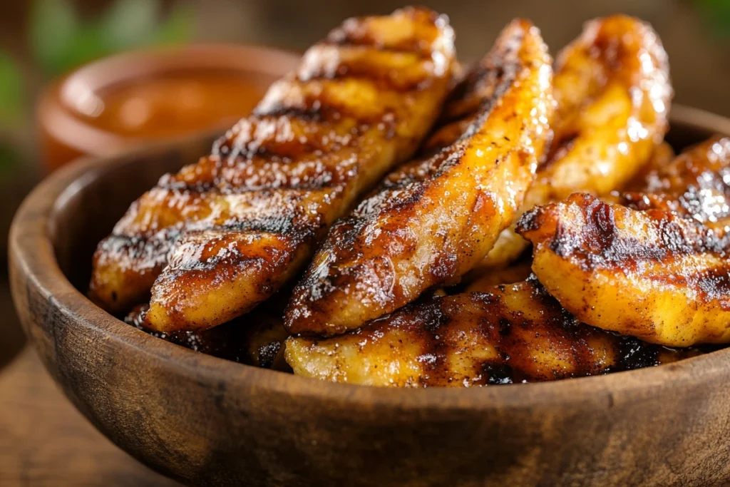 Crispy banana fries in a rustic bowl with dipping sauce