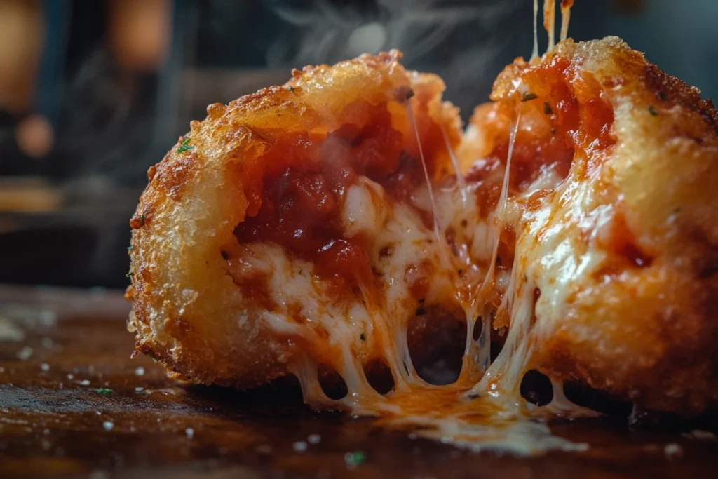 Crispy golden pizza puff with melted cheese and tomato sauce.