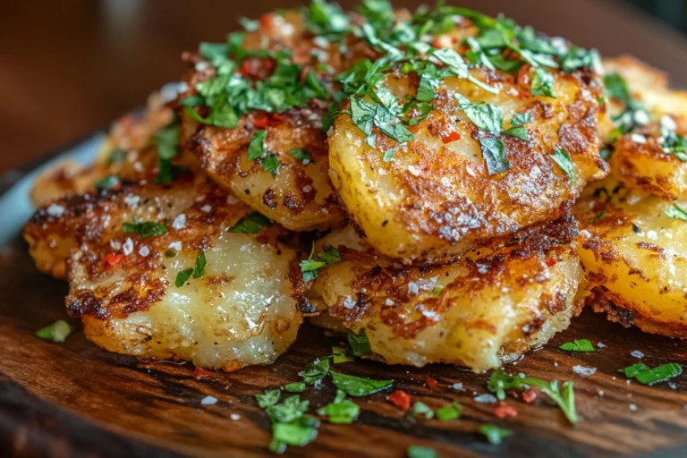 Crispy smashed potatoes recipe with golden-brown crust.