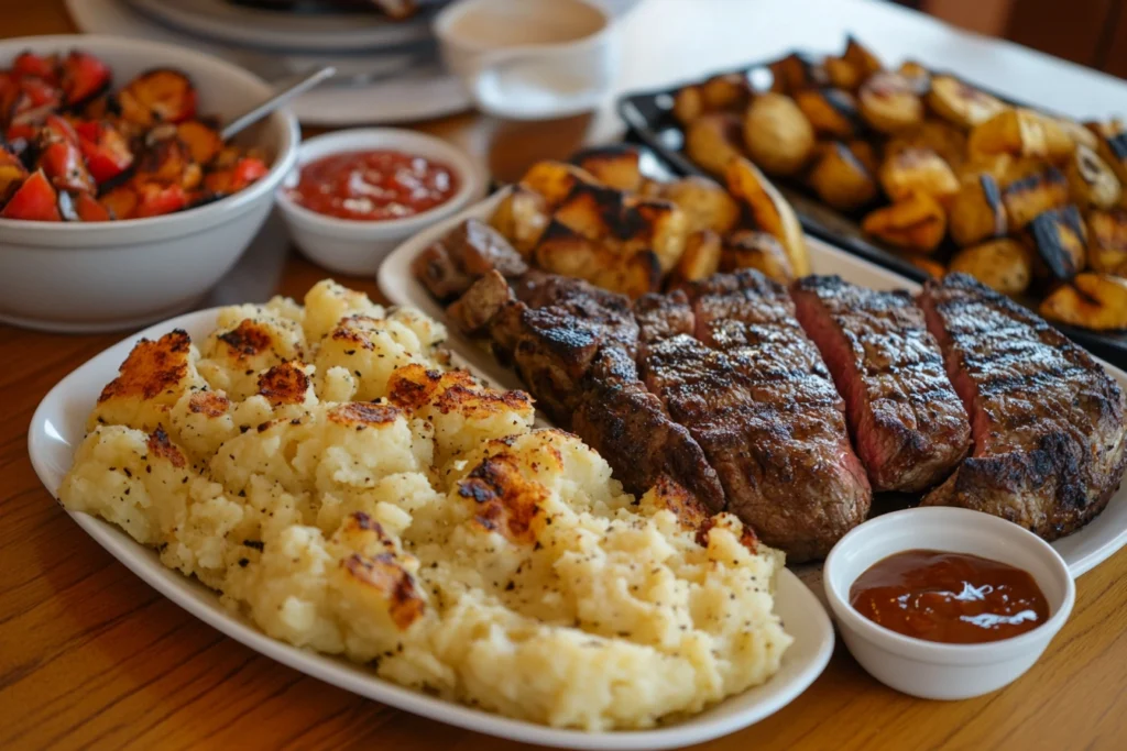 Crispy smashed potatoes served with grilled steak and dipping sauces.