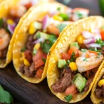 Diverse taco recipes with colorful fillings and fresh toppings