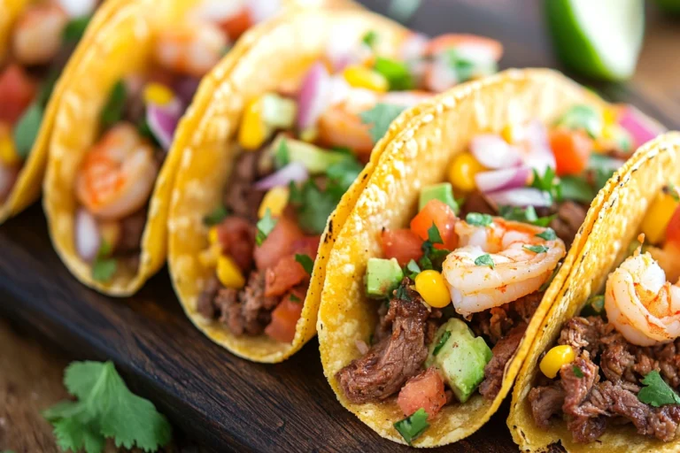 Diverse taco recipes with colorful fillings and fresh toppings