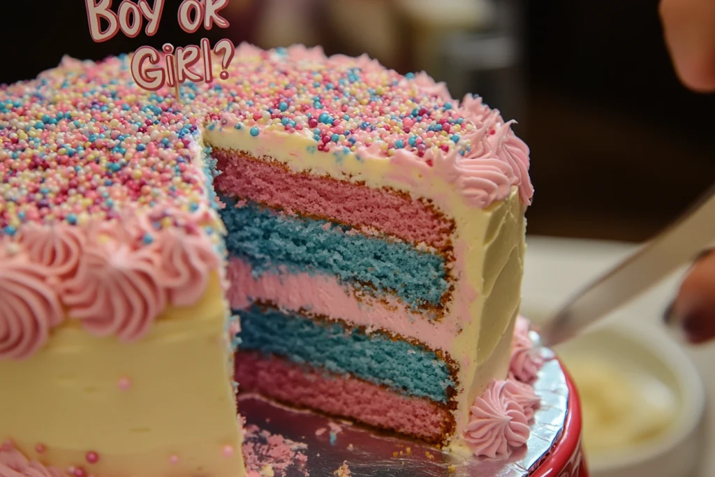 Sliced gender reveal cake showing pink or blue sponge.