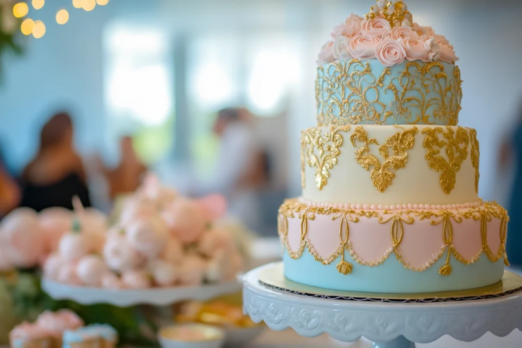 Elegant tiered gender reveal cake with a pastel theme.