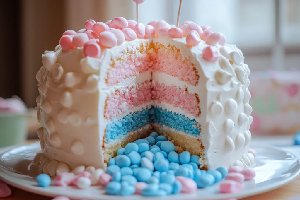 Piñata-style gender reveal cake with candy surprise.