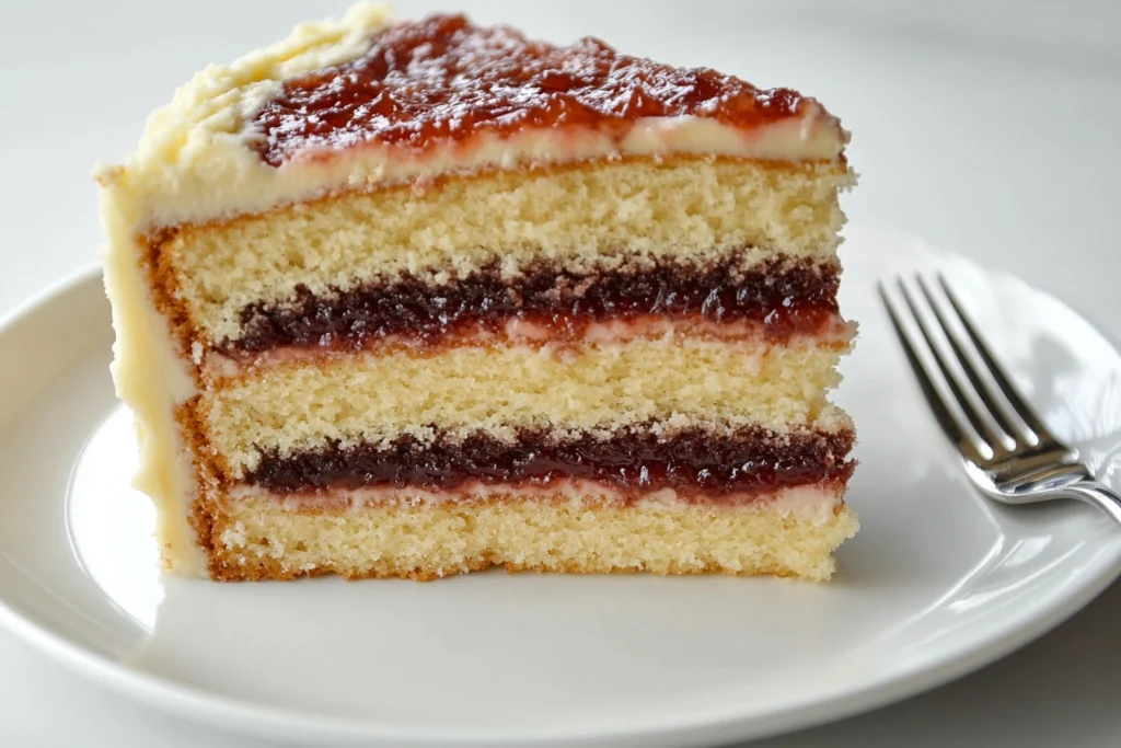 Three-layered vanilla bento cake with strawberry filling.