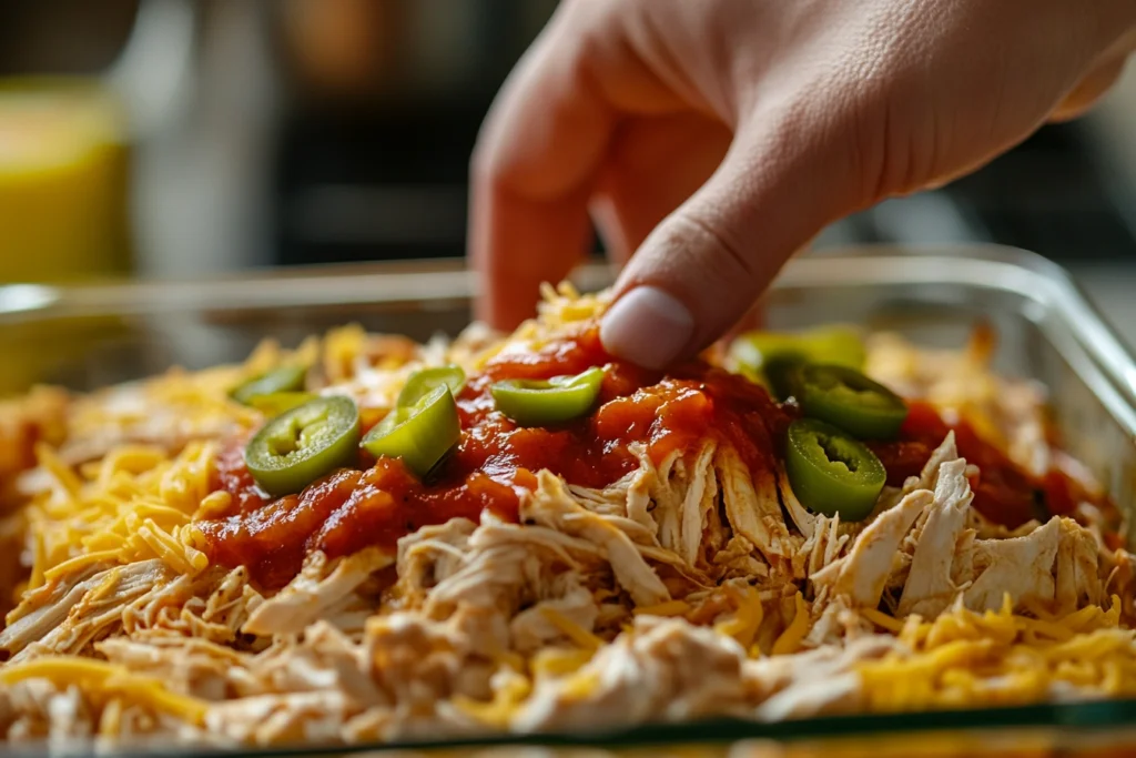  Layering tortillas and chicken for King Ranch Casserole