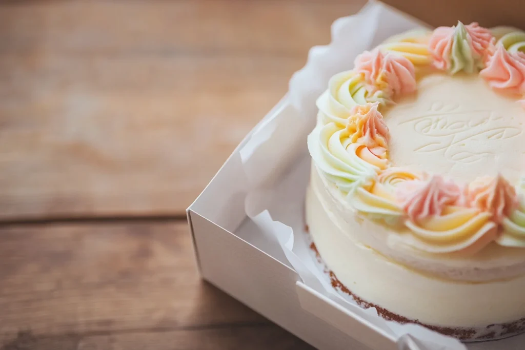 Minimalist bento cake with pastel frosting in a takeout box.