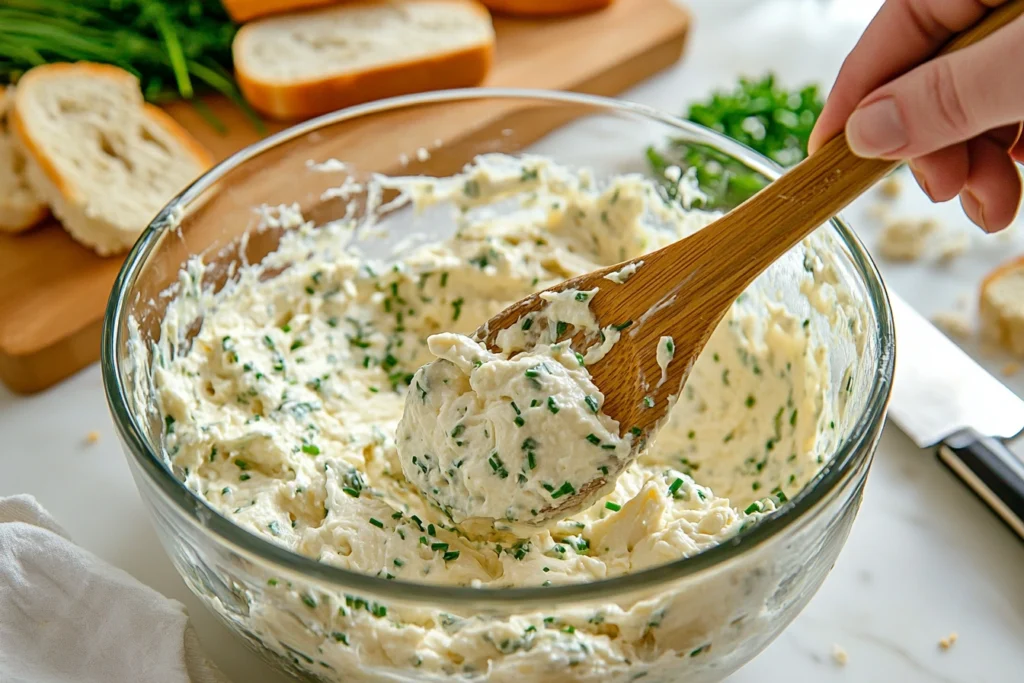 Mixing bagel dip in a bowl with chives and cheese