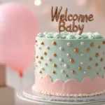 Beautiful pastel baby shower cake with gold accents.