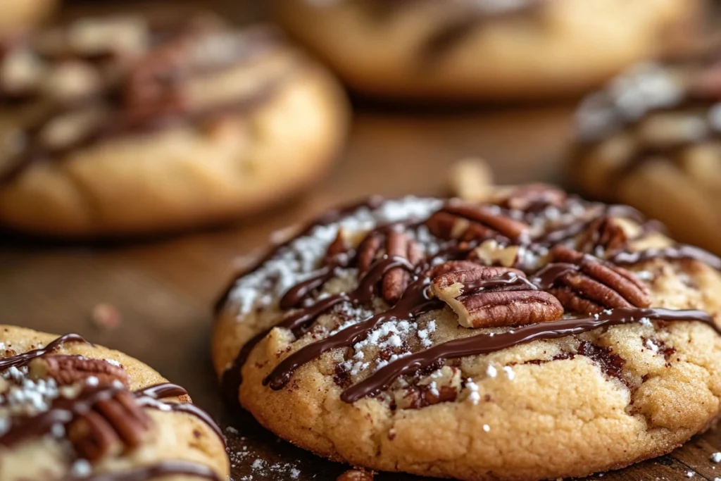 Freshly baked pecan pie cookies with caramelized pecan filling